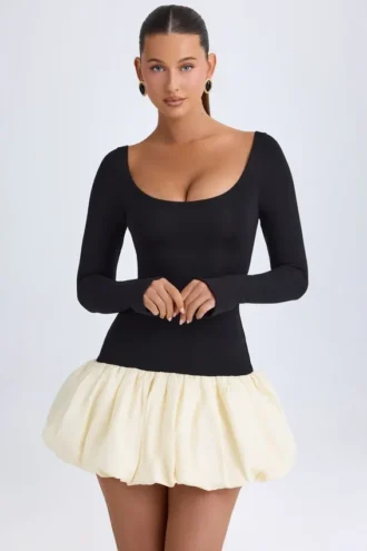 Delphi Modal Scoop-Neck Drop-Waist Bubble Hem Mini Dress in Vanilla