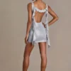 Delphine Embellished Plunge Cowl-Neck Mini Dress in Silver