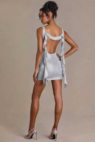 Delphine Embellished Plunge Cowl-Neck Mini Dress in Silver