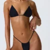 Delray Ruched Thong Bikini Bottoms in Black