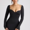 Demelza Long Sleeve Sweetheart Neckline Mini Dress in Black