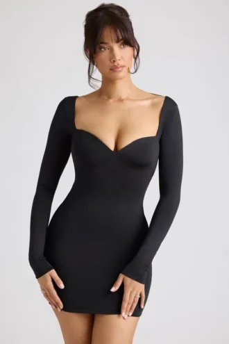 Demelza Long Sleeve Sweetheart Neckline Mini Dress in Black