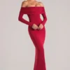 Depny Off-Shoulder Long-Sleeve Maxi Dress in Cherry Red