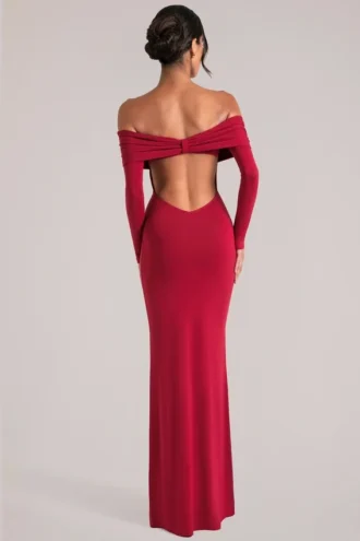 Depny Off-Shoulder Long-Sleeve Maxi Dress in Cherry Red
