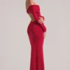 Depny Off-Shoulder Long-Sleeve Maxi Dress in Cherry Red