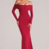 Depny Off-Shoulder Long-Sleeve Maxi Dress in Cherry Red