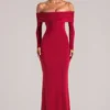 Depny Off-Shoulder Long-Sleeve Maxi Dress in Cherry Red