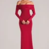 Depny Off-Shoulder Long-Sleeve Maxi Dress in Cherry Red