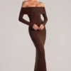 Depny Off-Shoulder Long-Sleeve Maxi Dress in Chocolate Brown