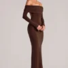Depny Off-Shoulder Long-Sleeve Maxi Dress in Chocolate Brown