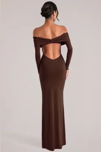 Depny Off-Shoulder Long-Sleeve Maxi Dress in Chocolate Brown
