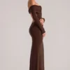 Depny Off-Shoulder Long-Sleeve Maxi Dress in Chocolate Brown
