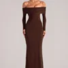 Depny Off-Shoulder Long-Sleeve Maxi Dress in Chocolate Brown