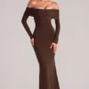 Depny Off-Shoulder Long-Sleeve Maxi Dress in Chocolate Brown