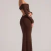 Depny Off-Shoulder Long-Sleeve Maxi Dress in Chocolate Brown
