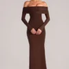 Depny Off-Shoulder Long-Sleeve Maxi Dress in Chocolate Brown