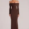 Depny Off-Shoulder Long-Sleeve Maxi Dress in Chocolate Brown