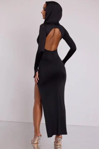 Desdemona Hooded Long Sleeve Maxi Dress in Black