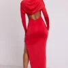 Desdemona Hooded Long Sleeve Maxi Dress in Fire Red