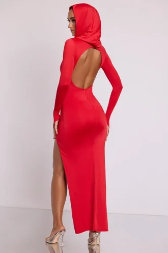 Desdemona Hooded Long Sleeve Maxi Dress in Fire Red