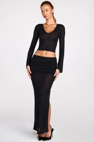 Diana Sheer Jersey Low-Rise Draped Maxi Skirt in Black