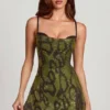 Dianora Embellished Cowl Neck A-line Mini Dress in Green Snake