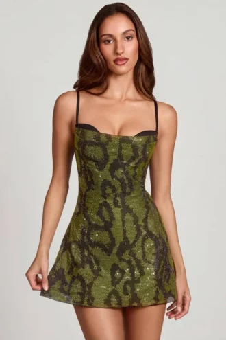 Dianora Embellished Cowl Neck A-line Mini Dress in Green Snake