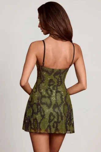 Dianora Embellished Cowl Neck A-line Mini Dress in Green Snake
