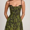 Dianora Embellished Cowl Neck A-line Mini Dress in Green Snake