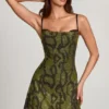 Dianora Embellished Cowl Neck A-line Mini Dress in Green Snake
