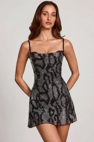 Dianora Embellished Cowl Neck A-line Mini Dress in Silver Snake