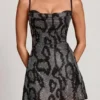 Dianora Embellished Cowl Neck A-line Mini Dress in Silver Snake