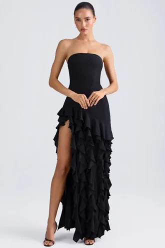 Diletta Ruffle-Trim Strapless Gown in Black