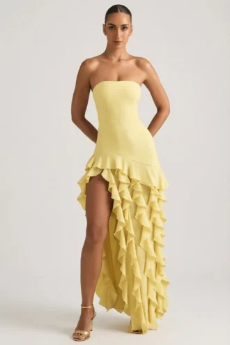 Diletta Ruffle-Trim Strapless Gown in Pastel Yellow