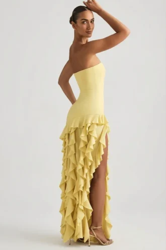 Diletta Ruffle-Trim Strapless Gown in Pastel Yellow