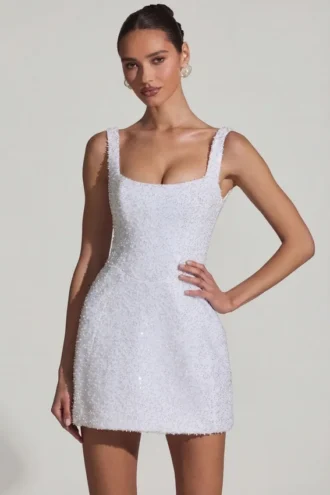 Dominique Embellished Structured A-Line Mini Dress in White