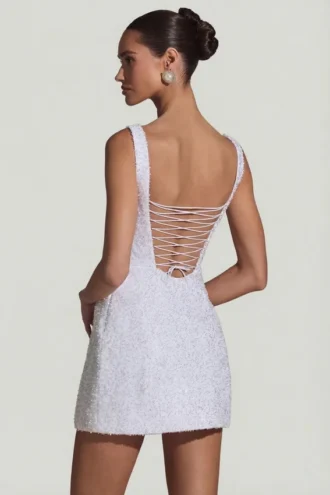 Dominique Embellished Structured A-Line Mini Dress in White