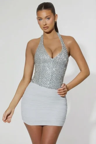 Drea Ruched Mid-Rise Mini Skirt in Silver