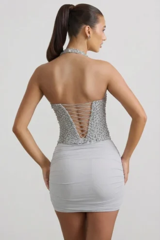 Drea Ruched Mid-Rise Mini Skirt in Silver