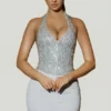 Drea Ruched Mid-Rise Mini Skirt in Silver