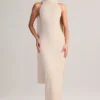 Dree Rib-Knit Scarf-Detail Halterneck Maxi Dress in Cream