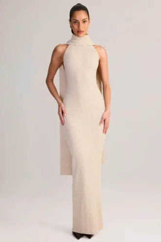 Dree Rib-Knit Scarf-Detail Halterneck Maxi Dress in Cream