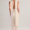 Dree Rib-Knit Scarf-Detail Halterneck Maxi Dress in Cream
