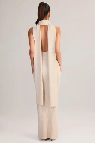 Dree Rib-Knit Scarf-Detail Halterneck Maxi Dress in Cream