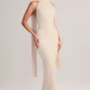 Dree Rib-Knit Scarf-Detail Halterneck Maxi Dress in Cream