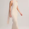 Dree Rib-Knit Scarf-Detail Halterneck Maxi Dress in Cream