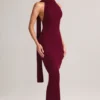 Dree Rib-Knit Scarf-Detail Halterneck Maxi Dress in Wine