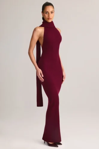 Dree Rib-Knit Scarf-Detail Halterneck Maxi Dress in Wine