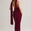 Dree Rib-Knit Scarf-Detail Halterneck Maxi Dress in Wine
