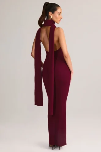 Dree Rib-Knit Scarf-Detail Halterneck Maxi Dress in Wine